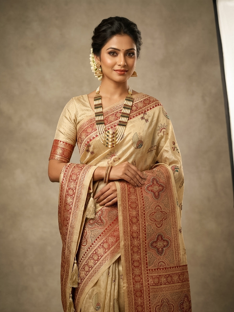 Royal Beige Banarasi Inspired Embroidered Saree